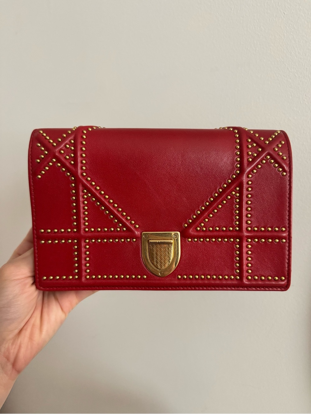 AUTHENTIC Christian Dior WOC Red Studded Leather Shoulder Bag with Gold Hardware